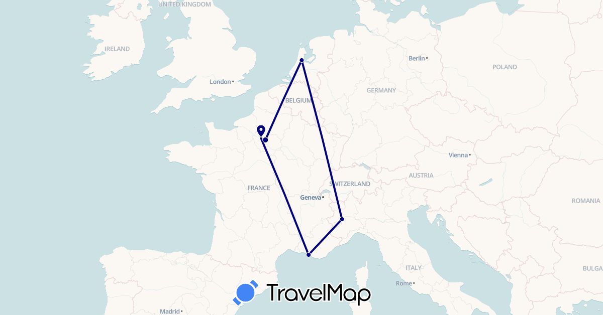TravelMap itinerary: driving in France, Italy, Netherlands (Europe)